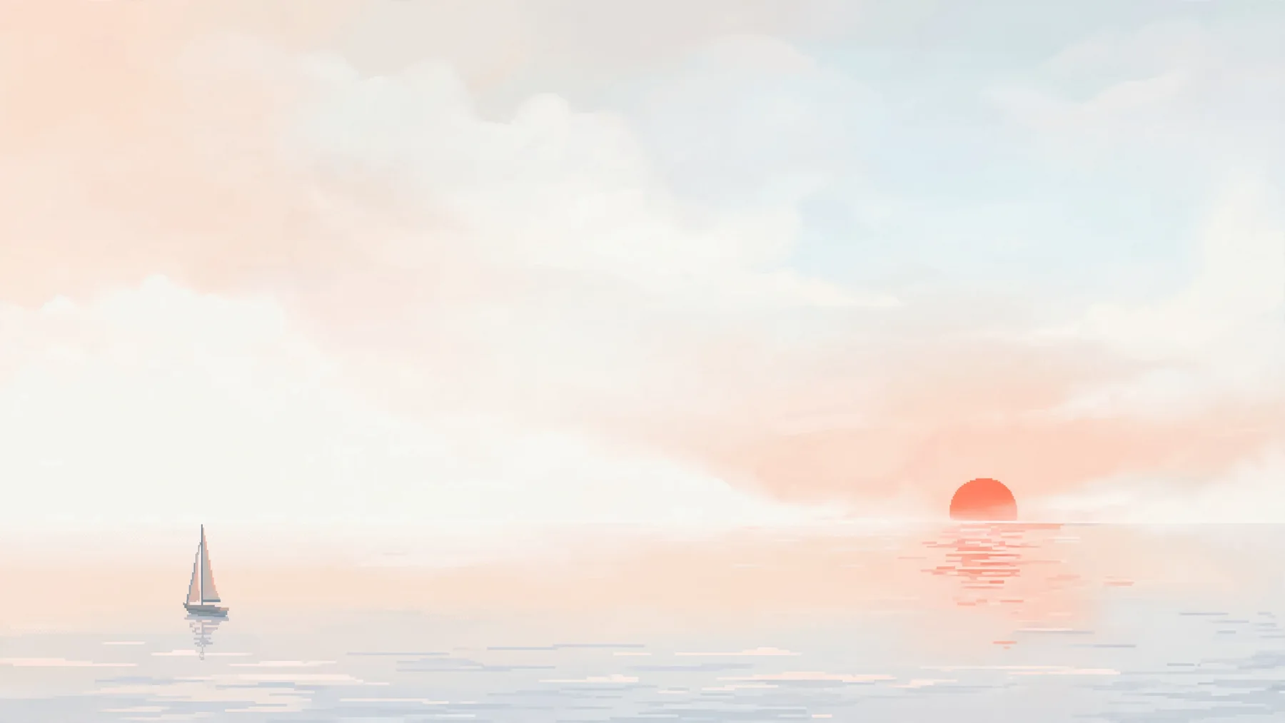 One small empty sailboat drifting on a wide, still sea. Almost the whole frame is pale hazy sky. A coral sun sets far away.