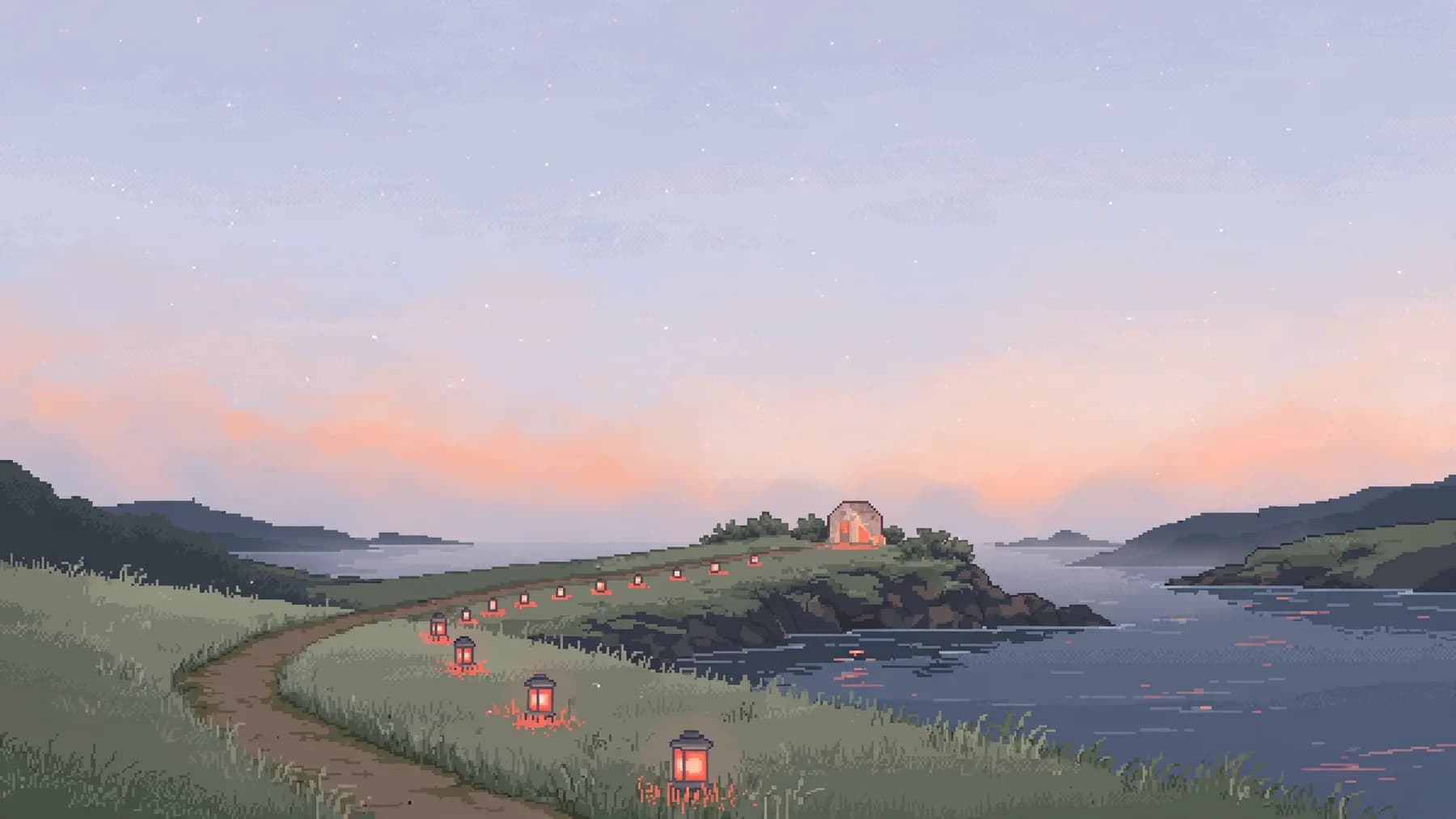 A coastal path lined with coral lanterns leading to a lit cabin.
