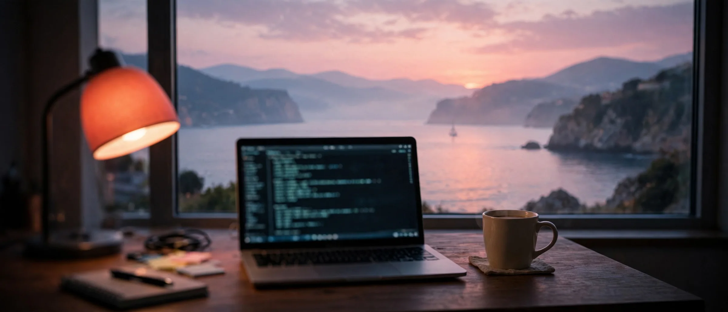 A builder's desk at dusk in front of a window over the sea, one warm lamp, a laptop open on a terminal.