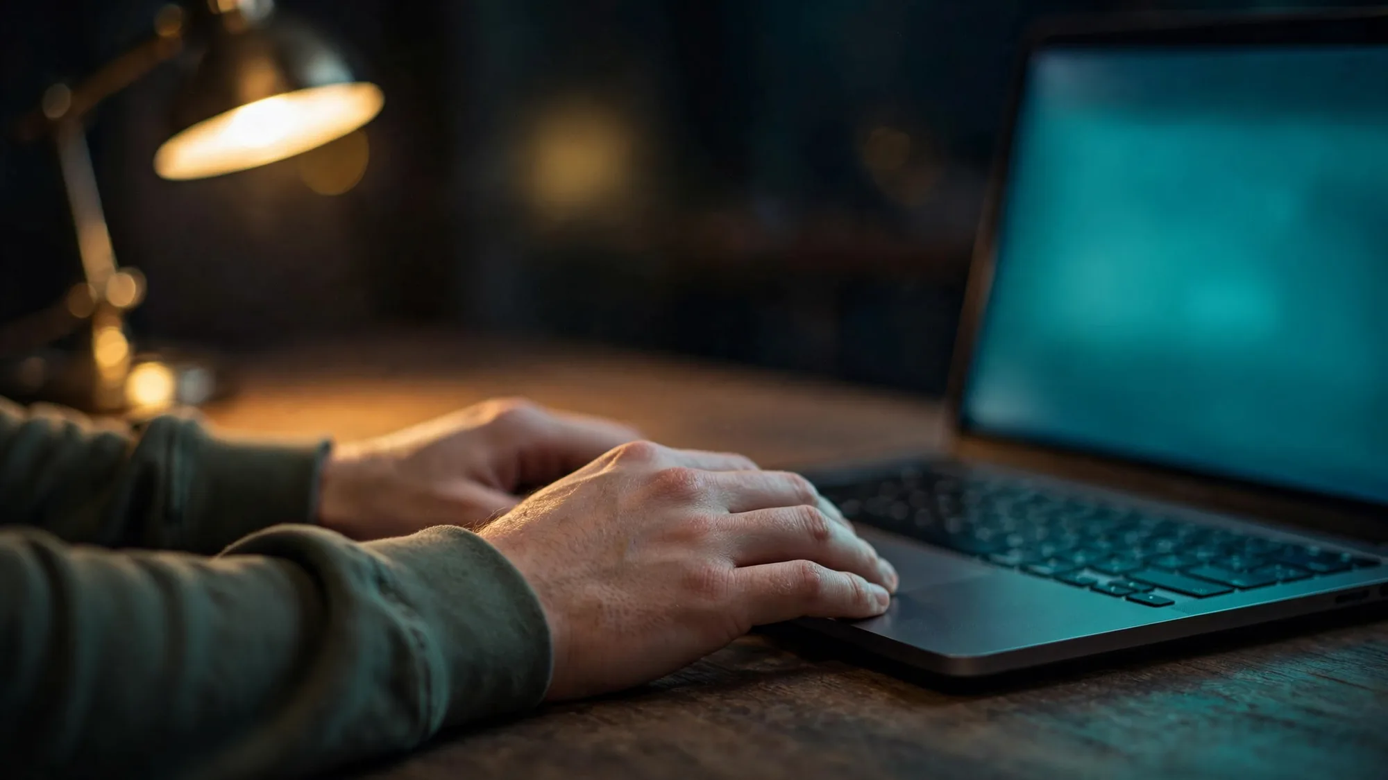 A developer's hands beside a laptop at night.