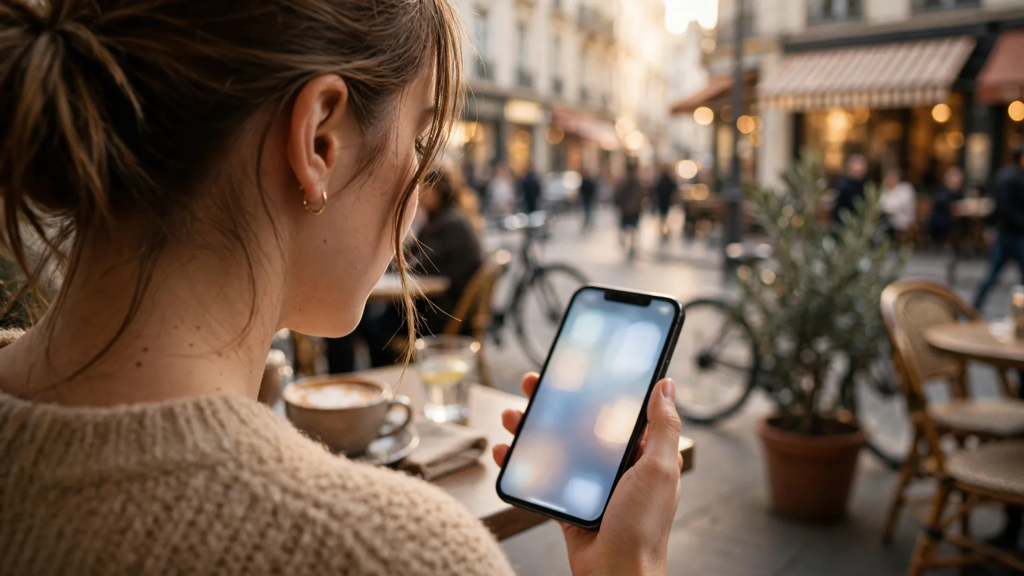 A woman on a café terrace scrolling a shopping app on her phone.