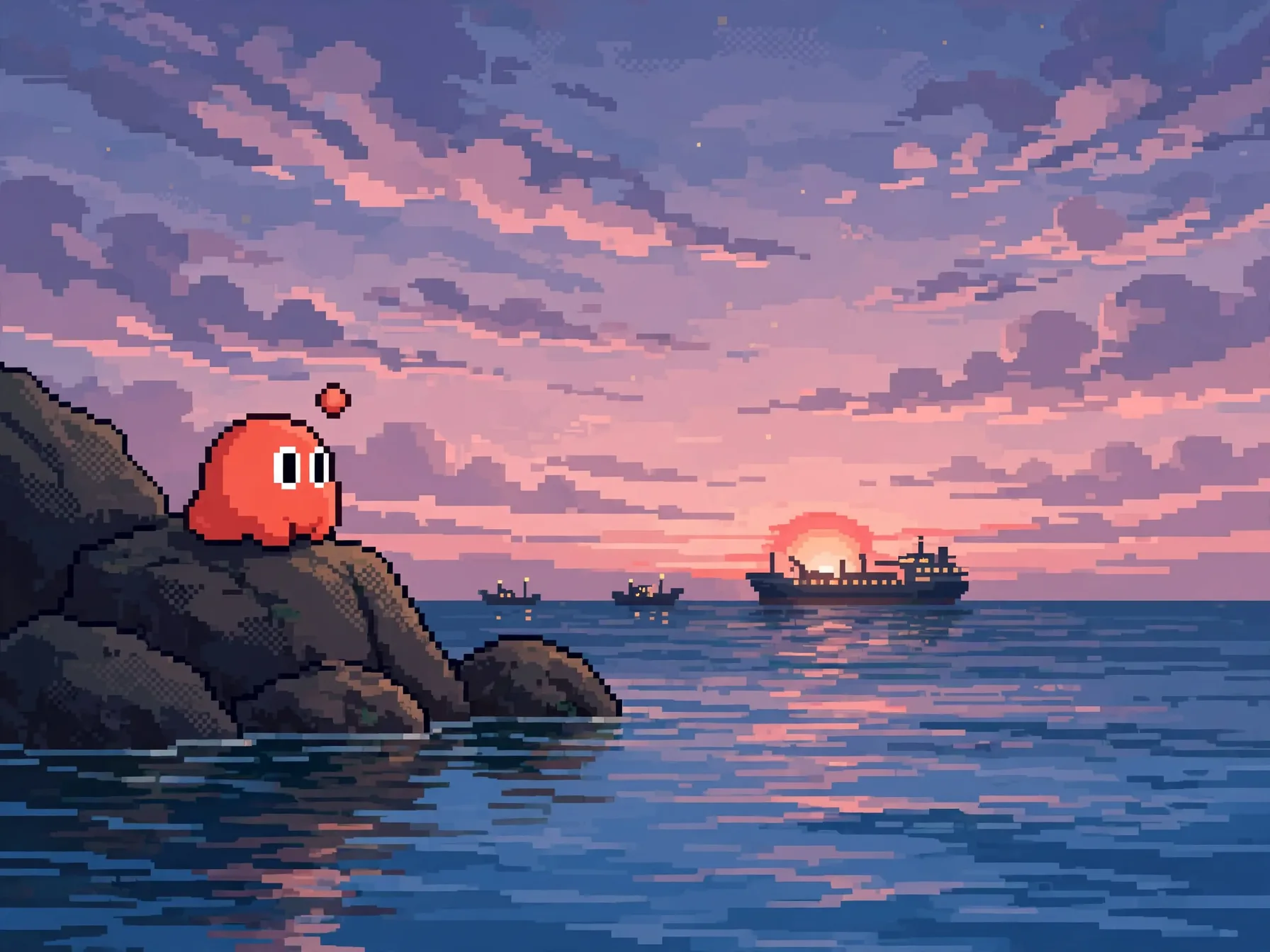 The sea at dusk, ships passing far away, Nano watching from a rock.