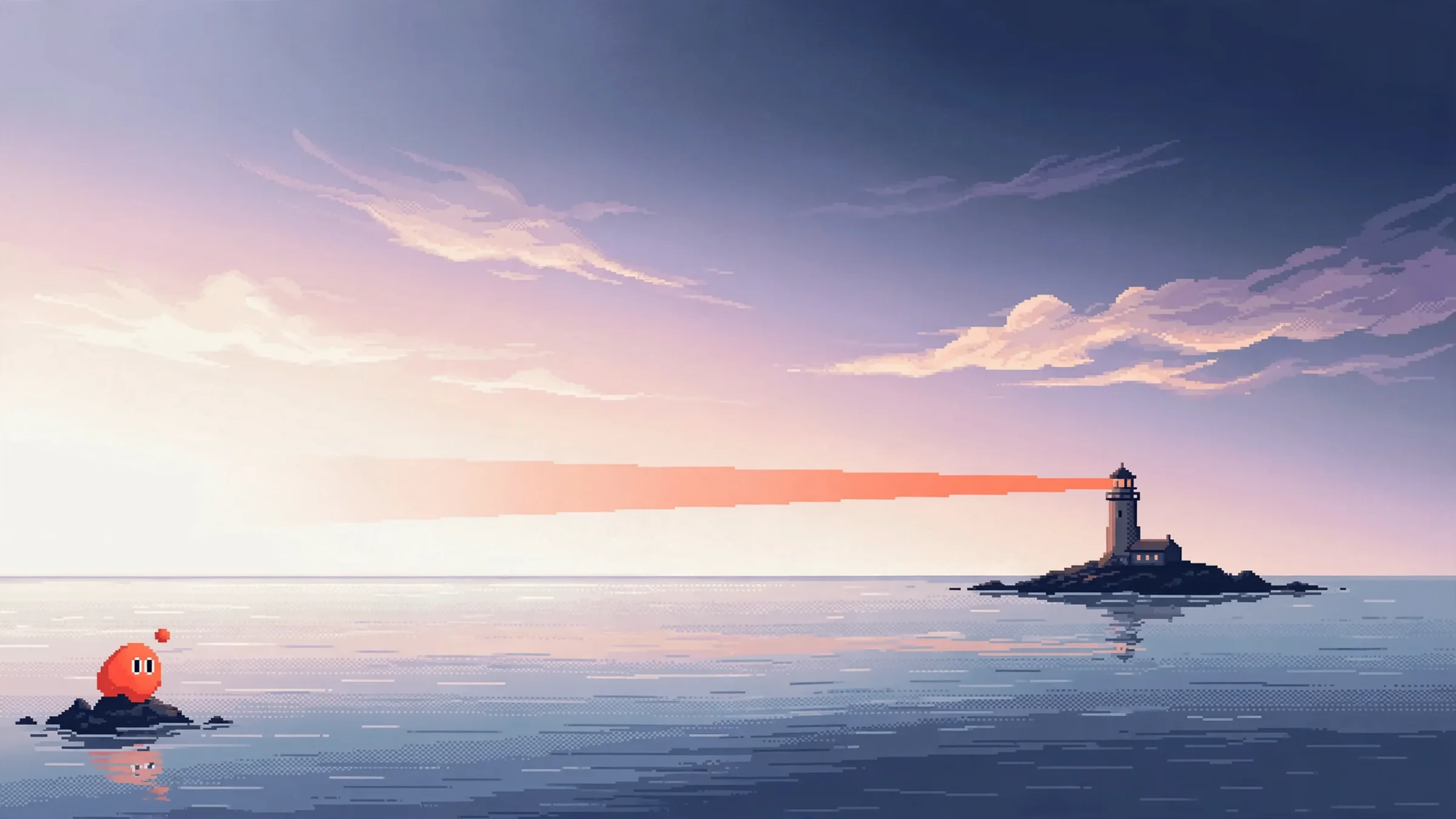 A calm sea at dusk. A lighthouse on a rocky islet sweeps a single coral beam across the sky. On a rock in the foreground, Nano, a small coral blob, sits facing the light.