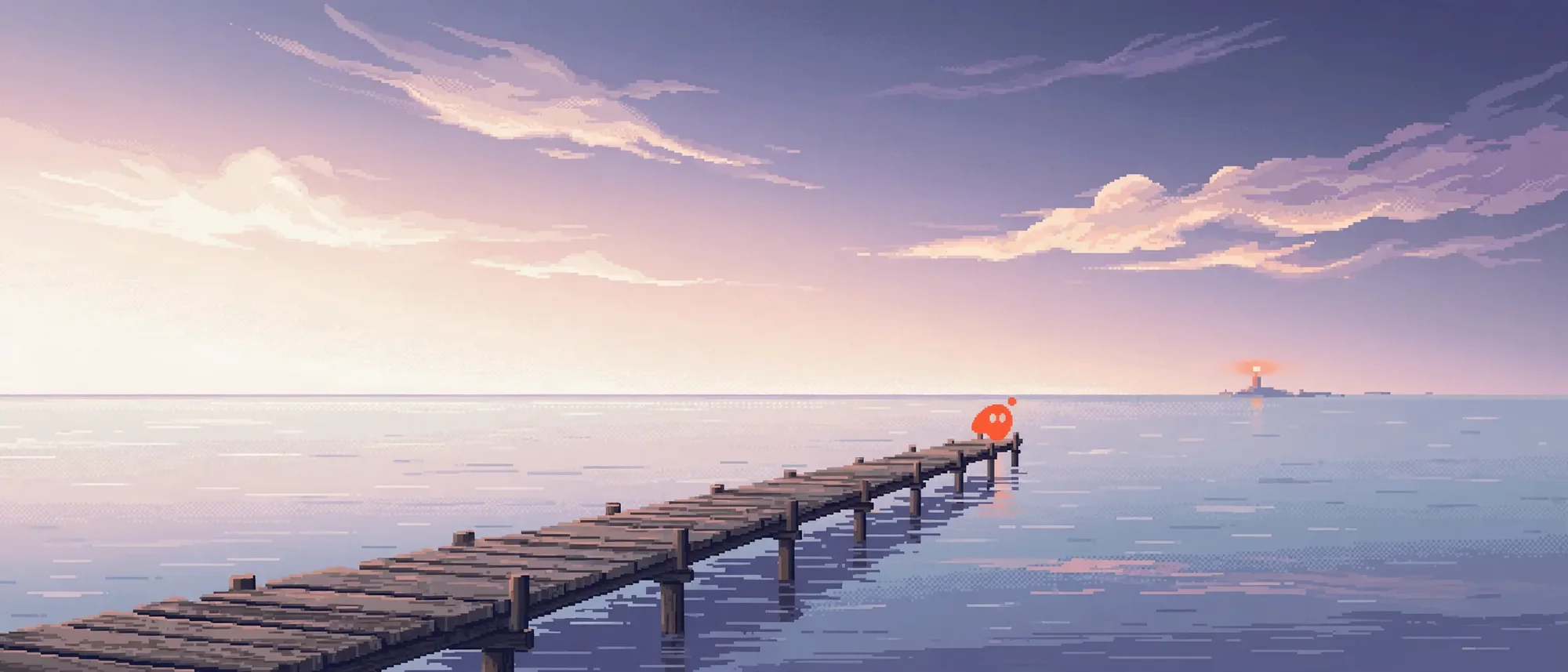 A long wooden pier stretching into a still pastel sea at dusk. At its very end, tiny, Nano sits facing the horizon, where a distant lighthouse glows coral.