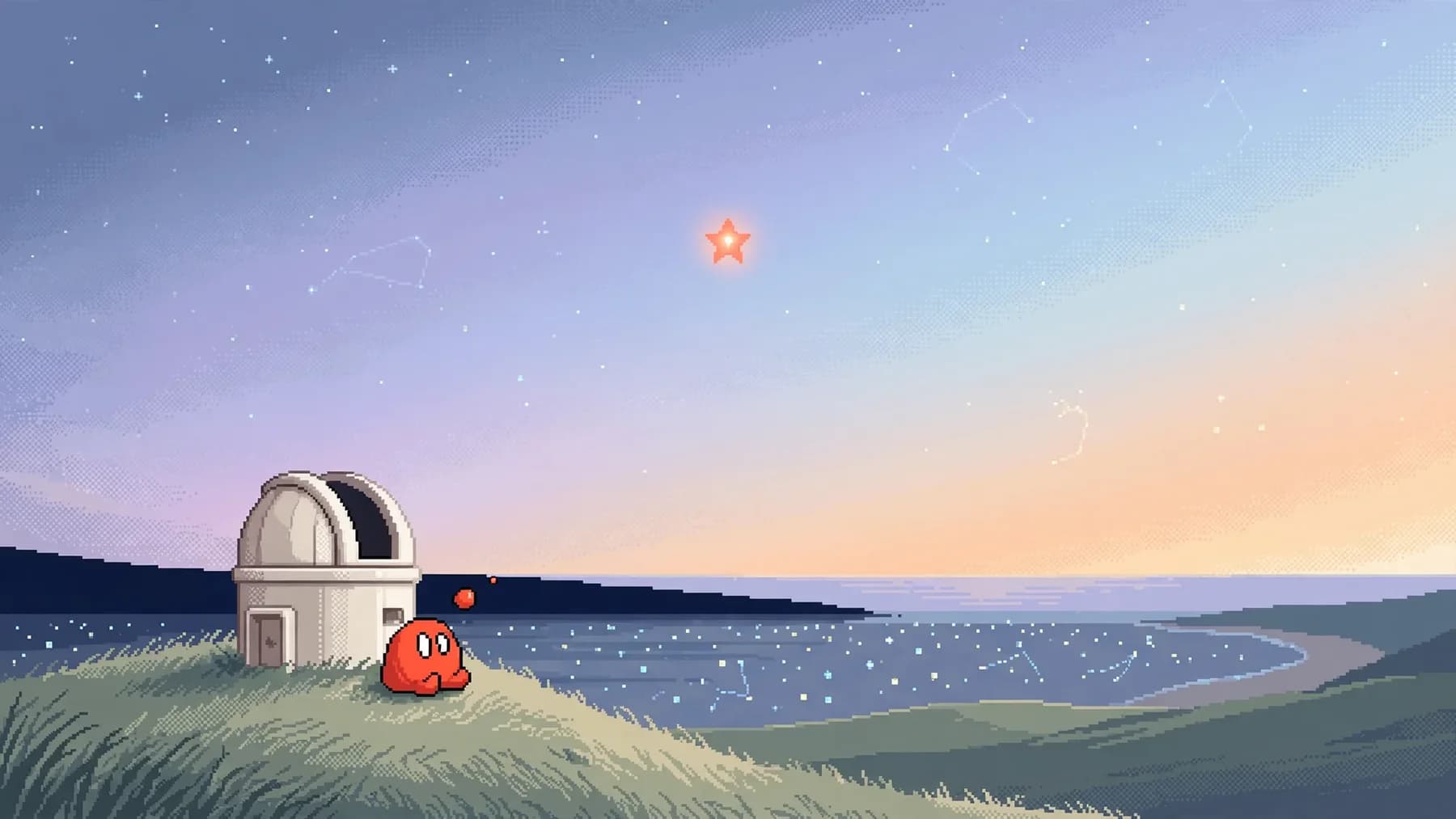 A small domed observatory on a grassy headland at twilight, its dome slit open. Nano sits by the door looking up at a single bright coral star.