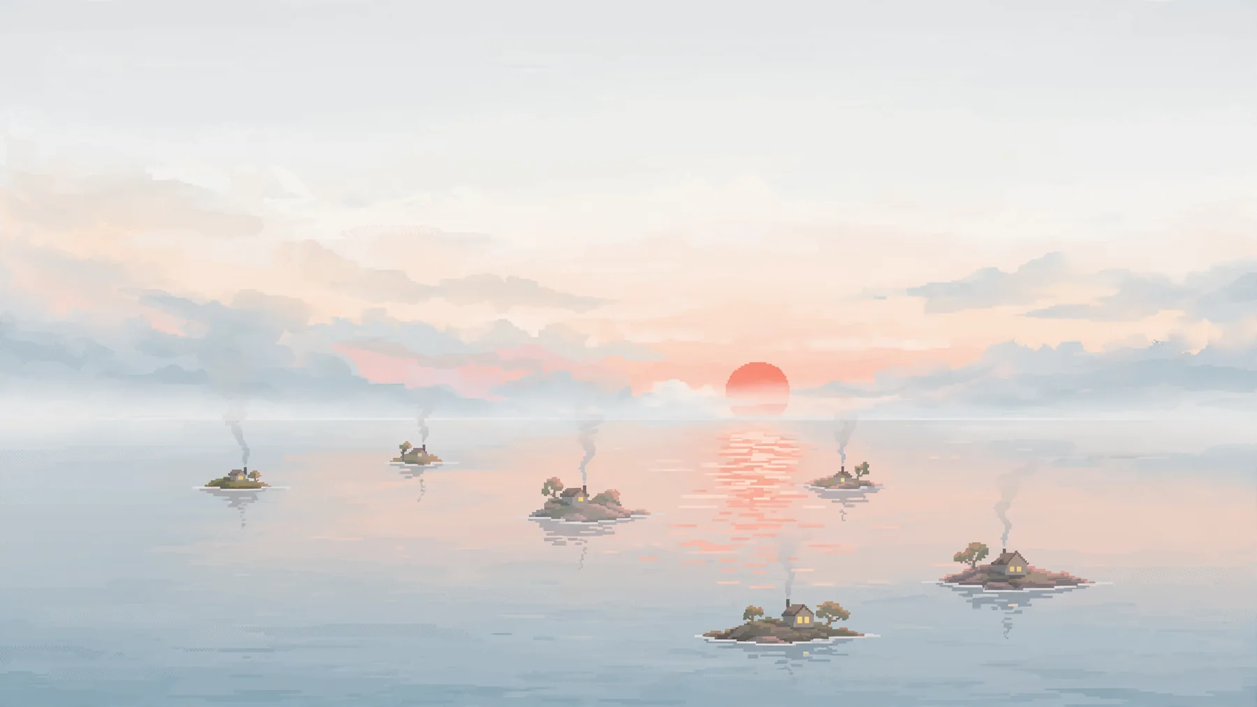 Six tiny islands scattered across a hazy pastel sea at dusk, each with one small house and a thin plume of chimney smoke. A single coral sun sits on the horizon.