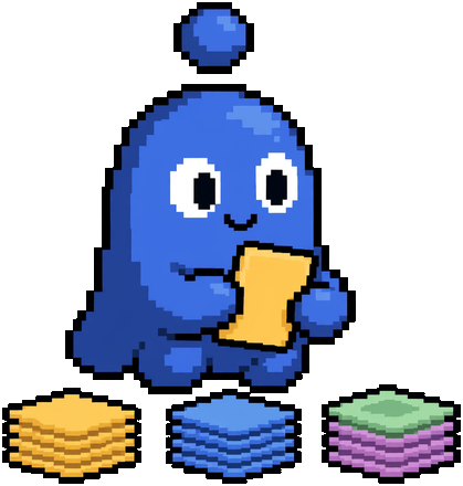 A blue crewmate sorting coloured cards into three stacks.